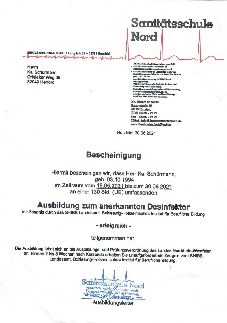 Bescheinigung Ausbildung zum anerkannten Desinfektor — Sanitätsschule Nord, 2021