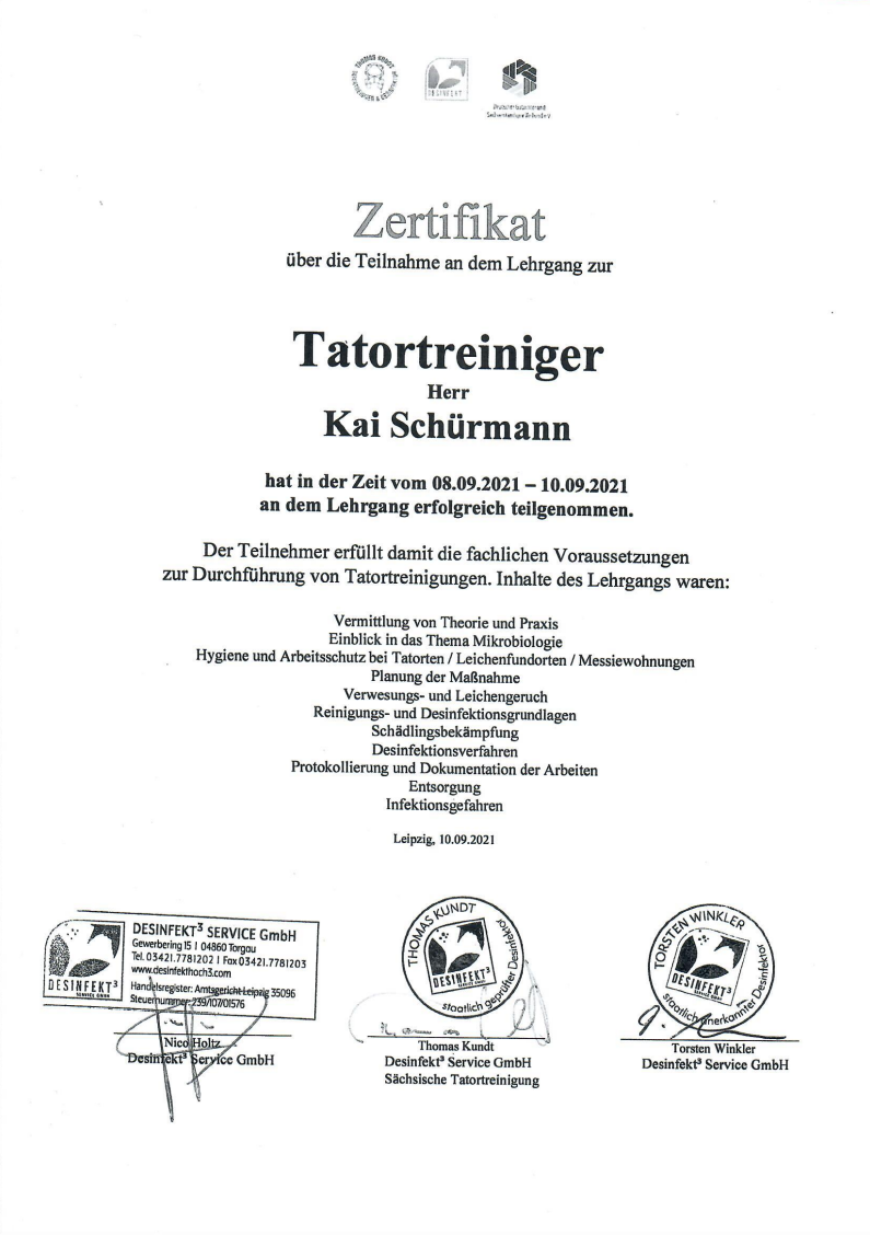 Zertifikat Lehrgang Tatortreiniger — Desinfekt³ Service GmbH, 2021